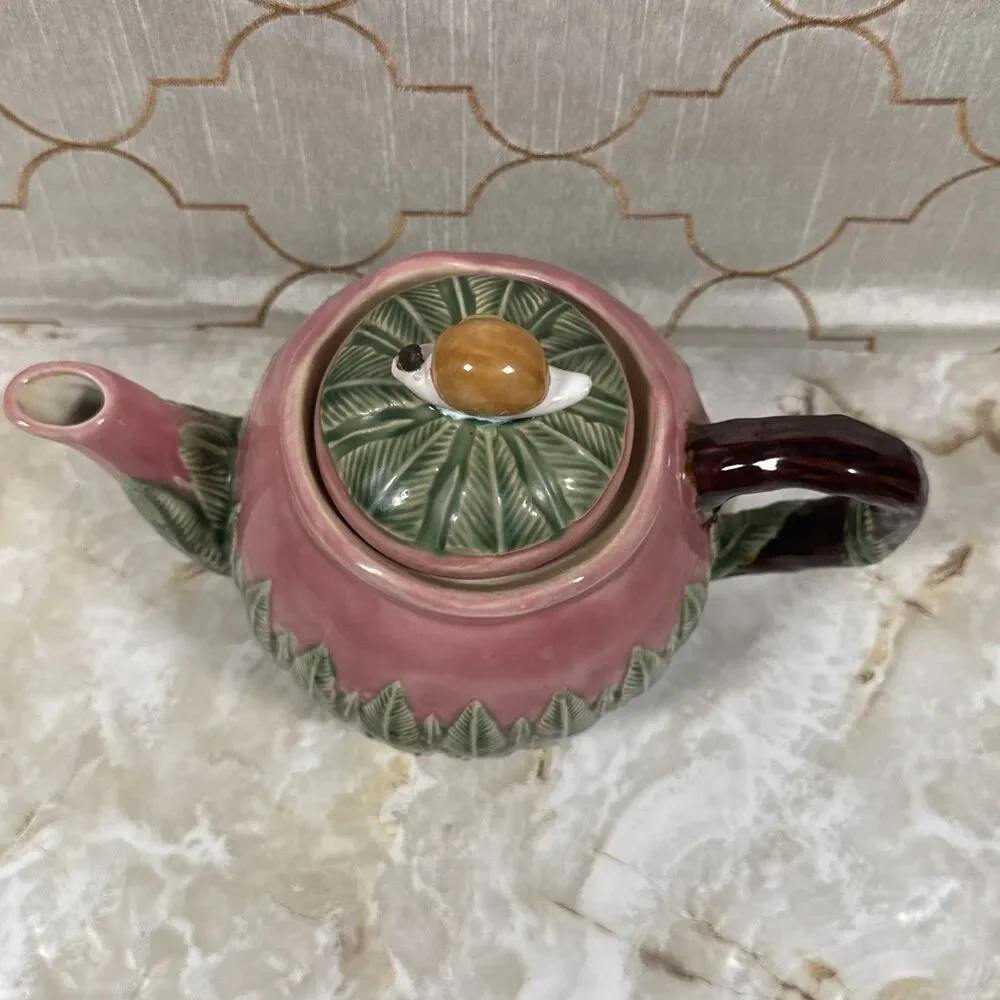 Nouveau Majolica Teapot Pink with Green Leaves Snail on Lid